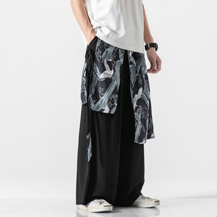Buddha Stones Summer Flying Crane Design Cotton Men's Wide Leg Pants With Pockets - image 33