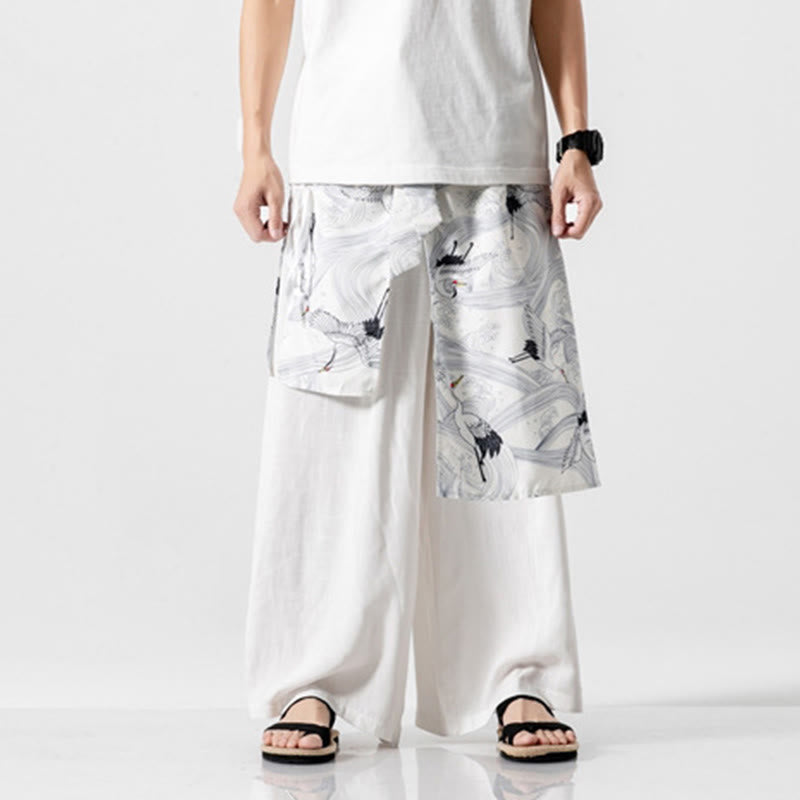 Buddha Stones Summer Flying Crane Design Cotton Men's Wide Leg Pants With Pockets - image 44