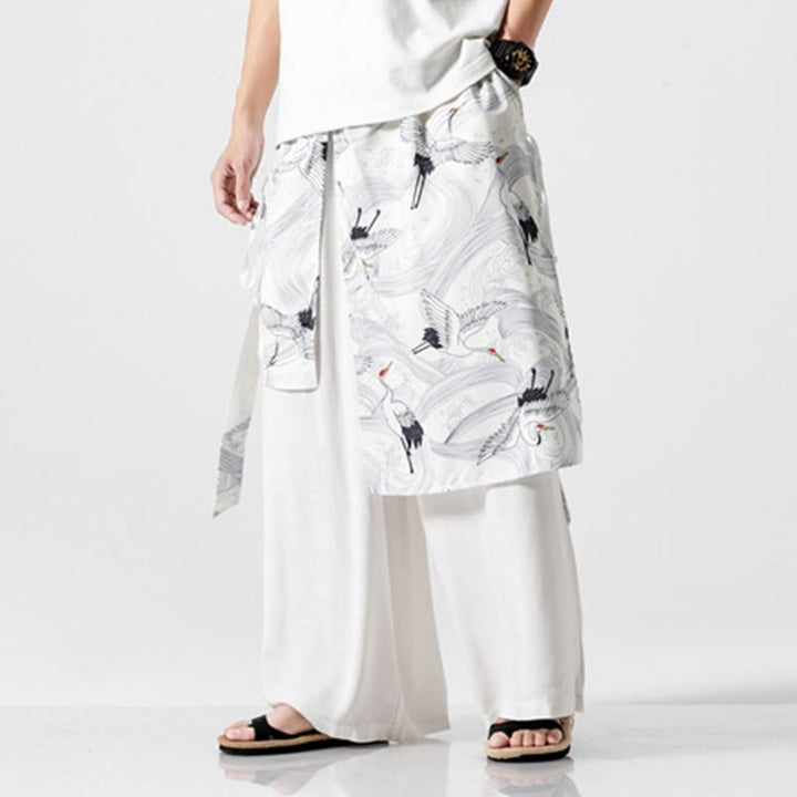 Buddha Stones Summer Flying Crane Design Cotton Men's Wide Leg Pants With Pockets - image 47