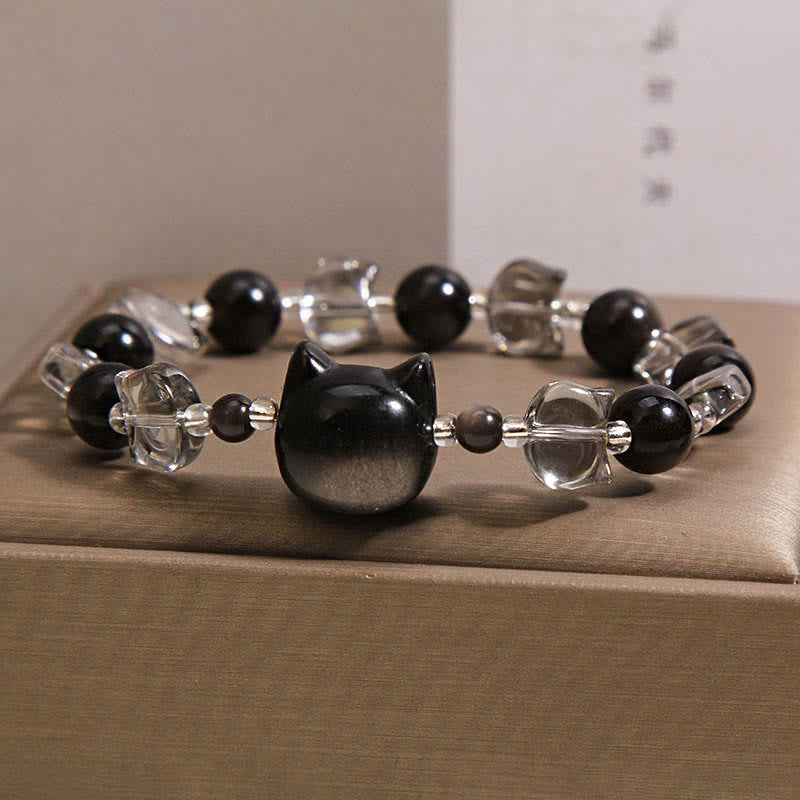 Buddha Stones Black Obsidian Cat Head Purification Strength Bracelet - image 6