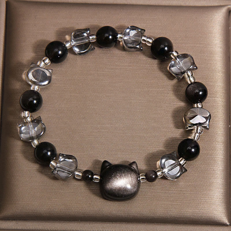 Buddha Stones Black Obsidian Cat Head Purification Strength Bracelet - image 1