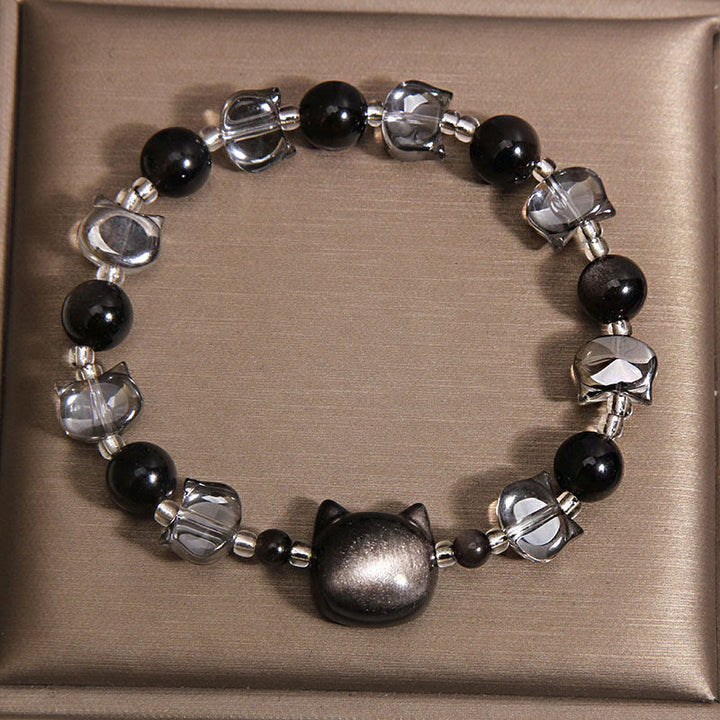 Buddha Stones Black Obsidian Cat Head Purification Strength Bracelet - image 1