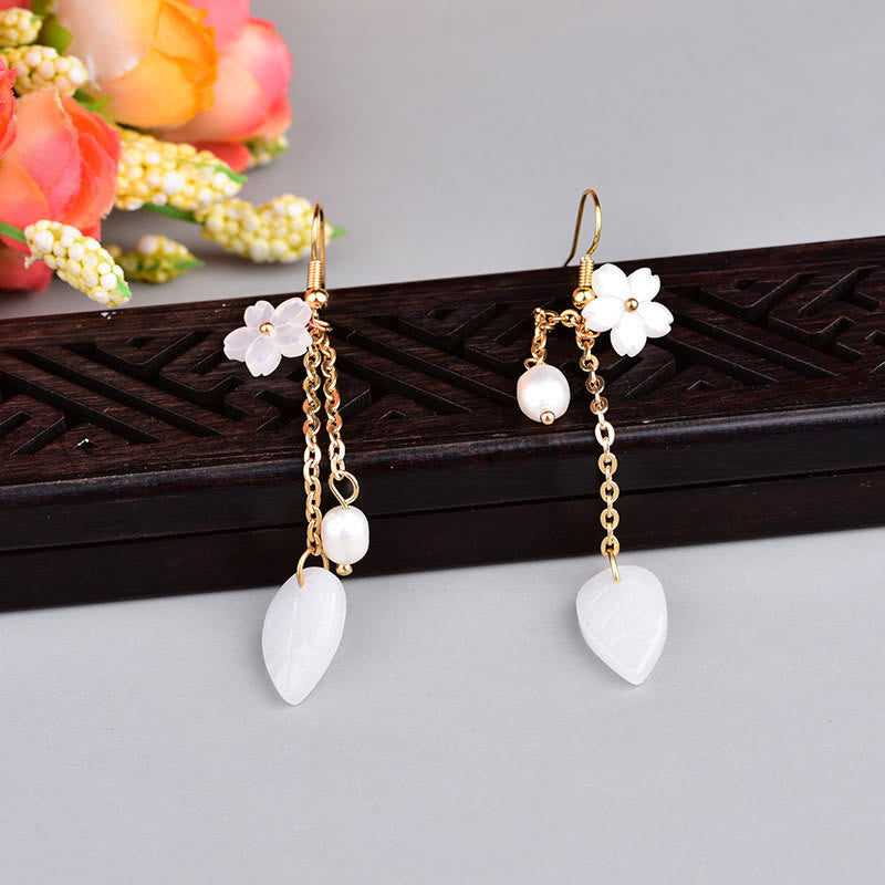 Buddha Stones Pearl White Flower Leaves Happiness Drop Earrings - image 2