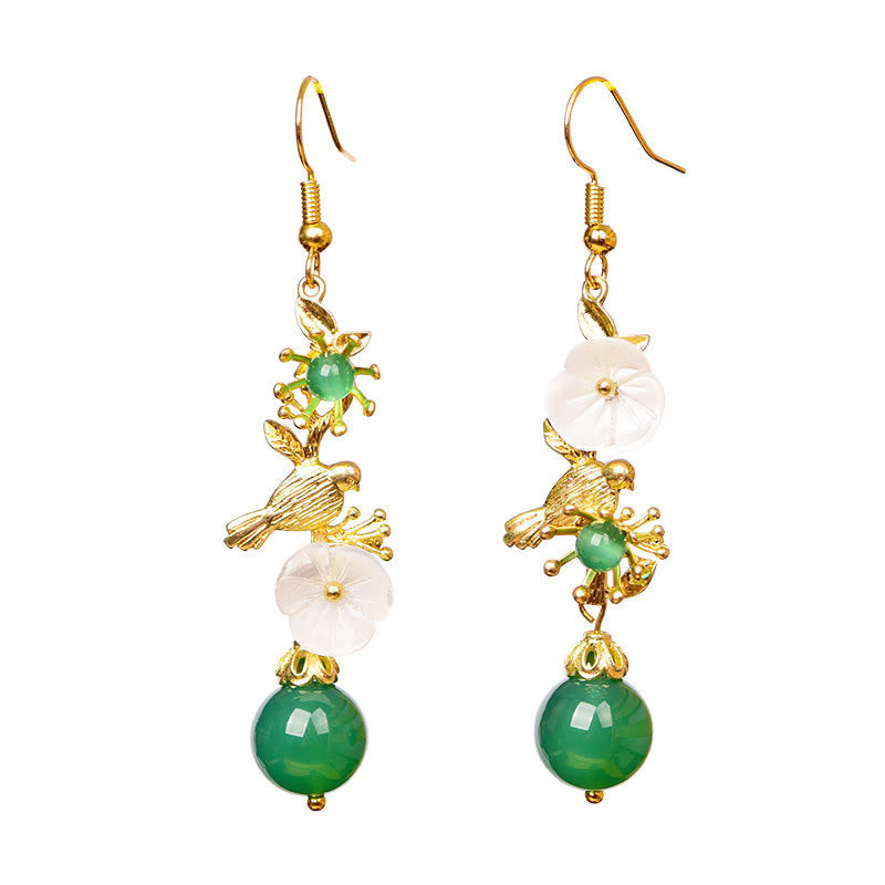 Buddha Stones Green Agate Bead White Flower Bird Power Drop Earrings - image 6