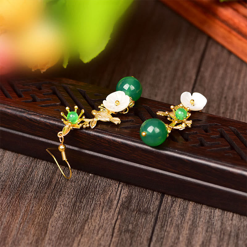 Buddha Stones Green Agate Bead White Flower Bird Power Drop Earrings - image 2