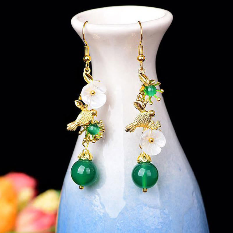 Buddha Stones Green Agate Bead White Flower Bird Power Drop Earrings - image 3