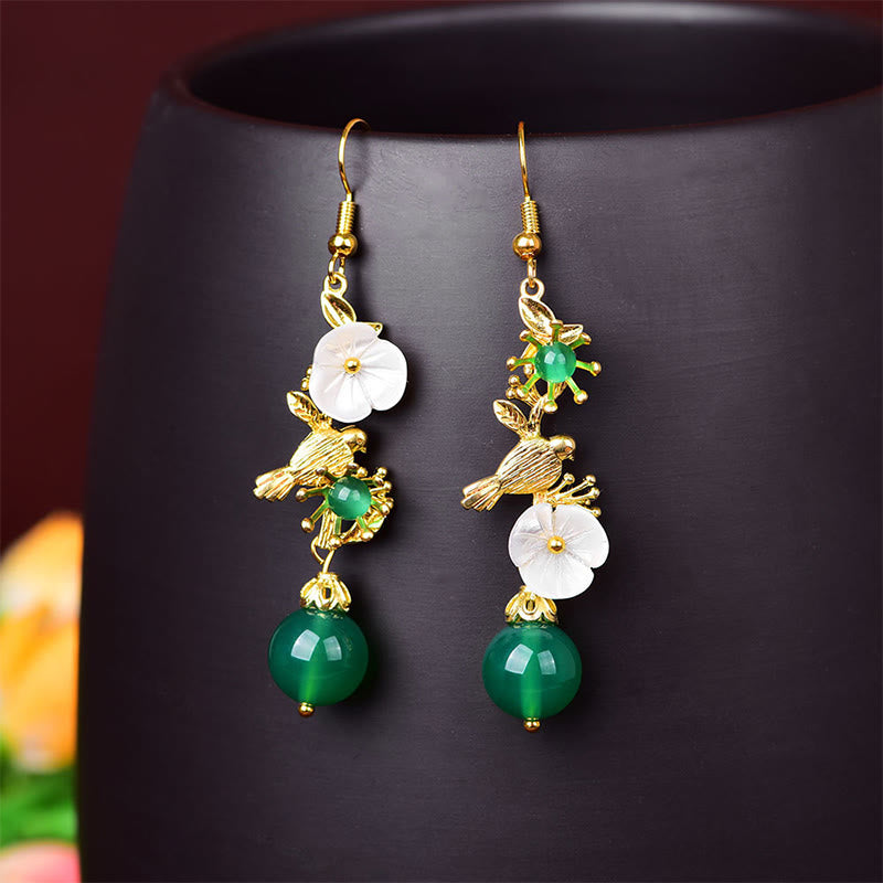 Buddha Stones Green Agate Bead White Flower Bird Power Drop Earrings - Green Agate(Copper Posts) - image 0