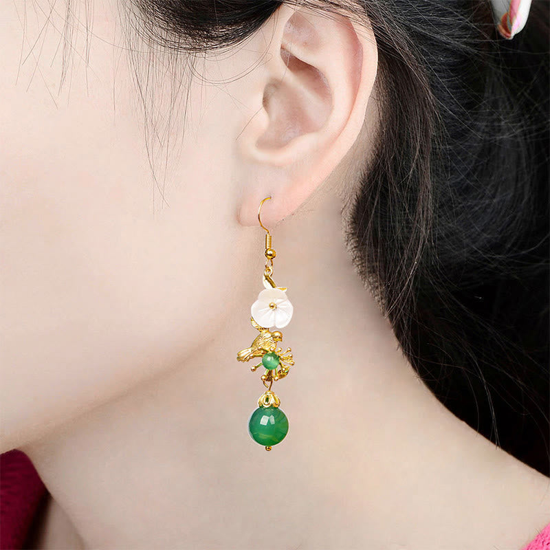 Buddha Stones Green Agate Bead White Flower Bird Power Drop Earrings - image 5
