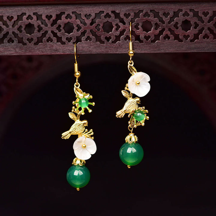 Buddha Stones Green Agate Bead White Flower Bird Power Drop Earrings - image 1