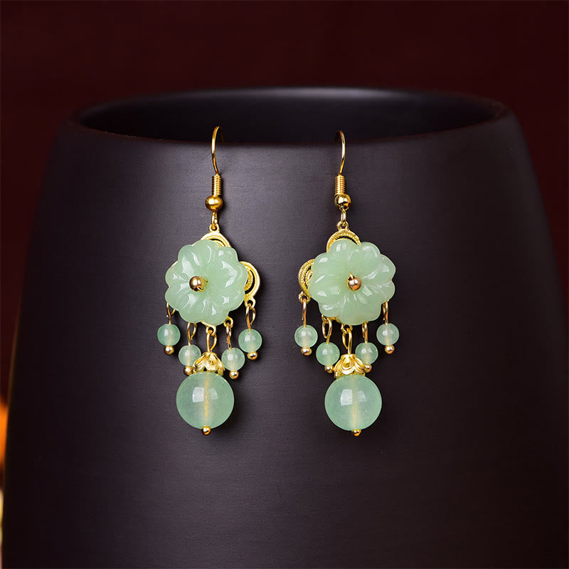 Buddha Stones Green Pink Flower Liuli Glass Drop Earrings - image 1