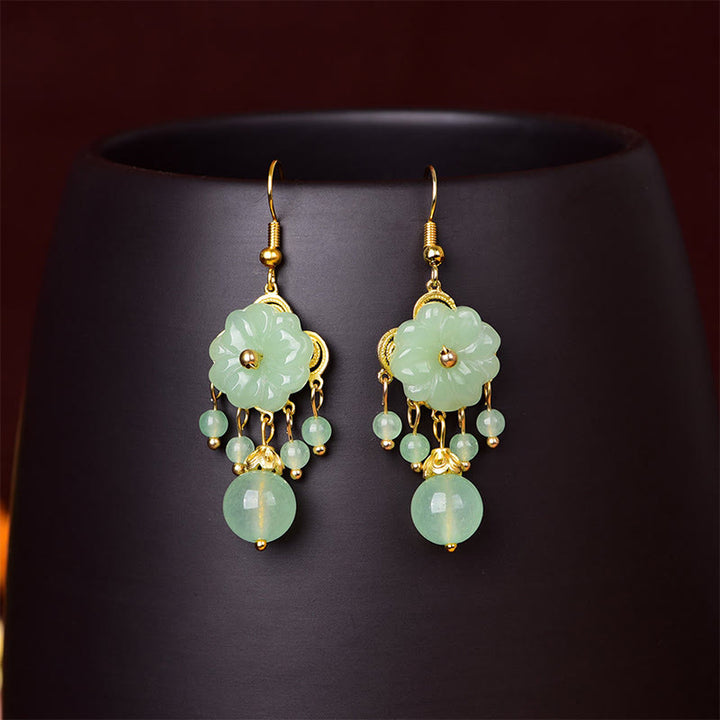 Buddha Stones Green Pink Flower Liuli Glass Drop Earrings - image 1