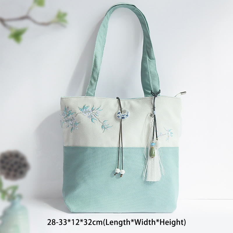 Pear Flower Plum Peach Blossom Bamboo Embroidery Canvas Large Capacity Shoulder Bag Tote Bag - image 1