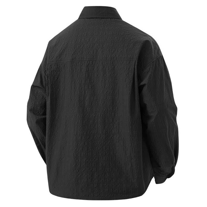 Buddha Stones Spring Solid Color Textured Long Sleeve Button Men's Lapel Shirts With Pocket - image 2