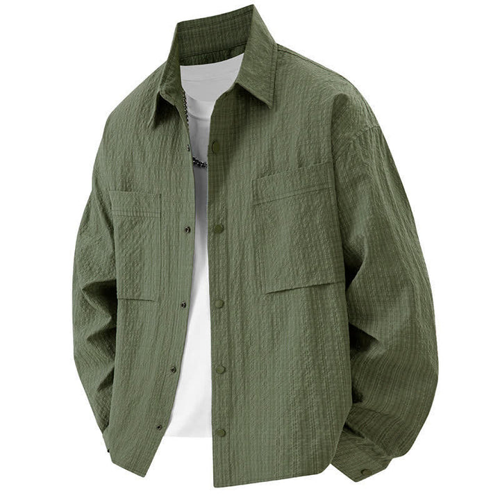 Buddha Stones Spring Solid Color Textured Long Sleeve Button Men's Lapel Shirts With Pocket - OliveDrab - US/UK/AU46，EU56 (3XL) - image 10