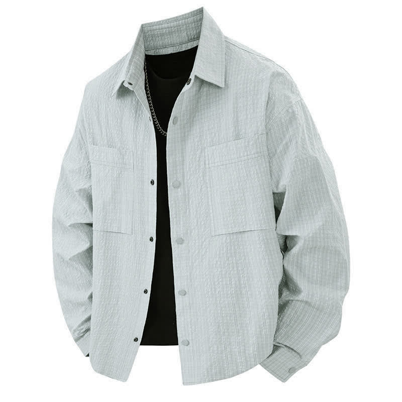 Buddha Stones Spring Solid Color Textured Long Sleeve Button Men's Lapel Shirts With Pocket - Azure - US/UK/AU46，EU56 (3XL) - image 9