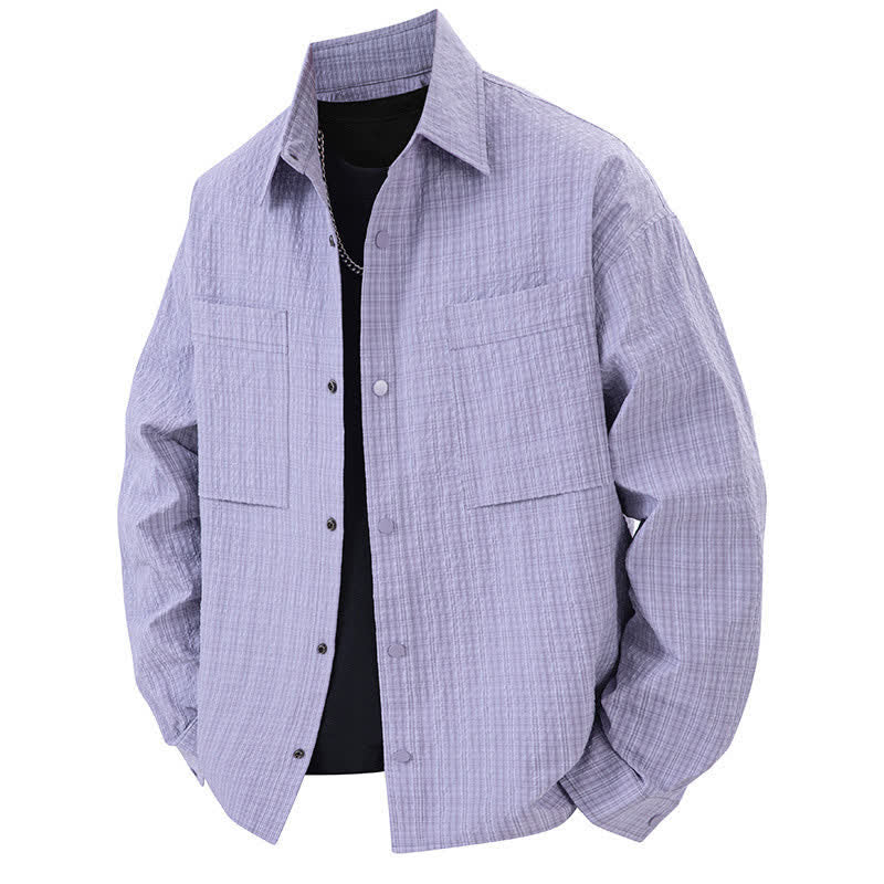 Buddha Stones Spring Solid Color Textured Long Sleeve Button Men's Lapel Shirts With Pocket - MediumPurple - US/UK/AU46，EU56 (3XL) - image 12