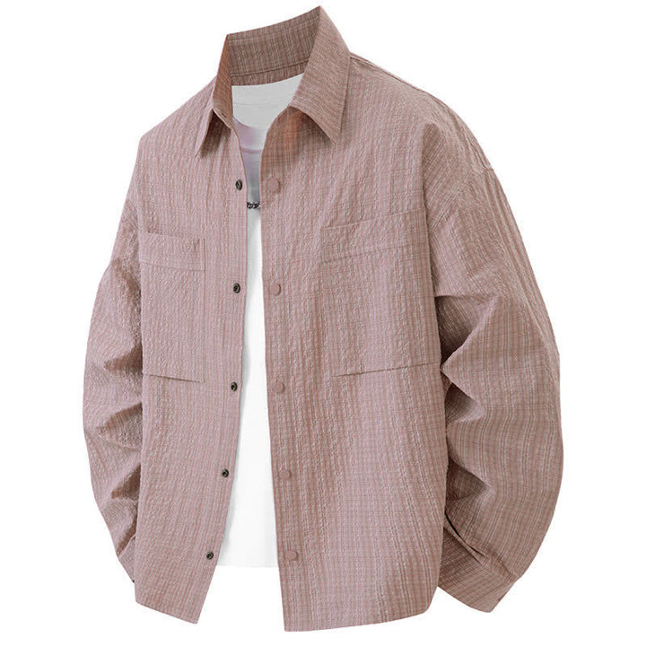 Buddha Stones Spring Solid Color Textured Long Sleeve Button Men's Lapel Shirts With Pocket - LightPink - US/UK/AU46，EU56 (3XL) - image 0