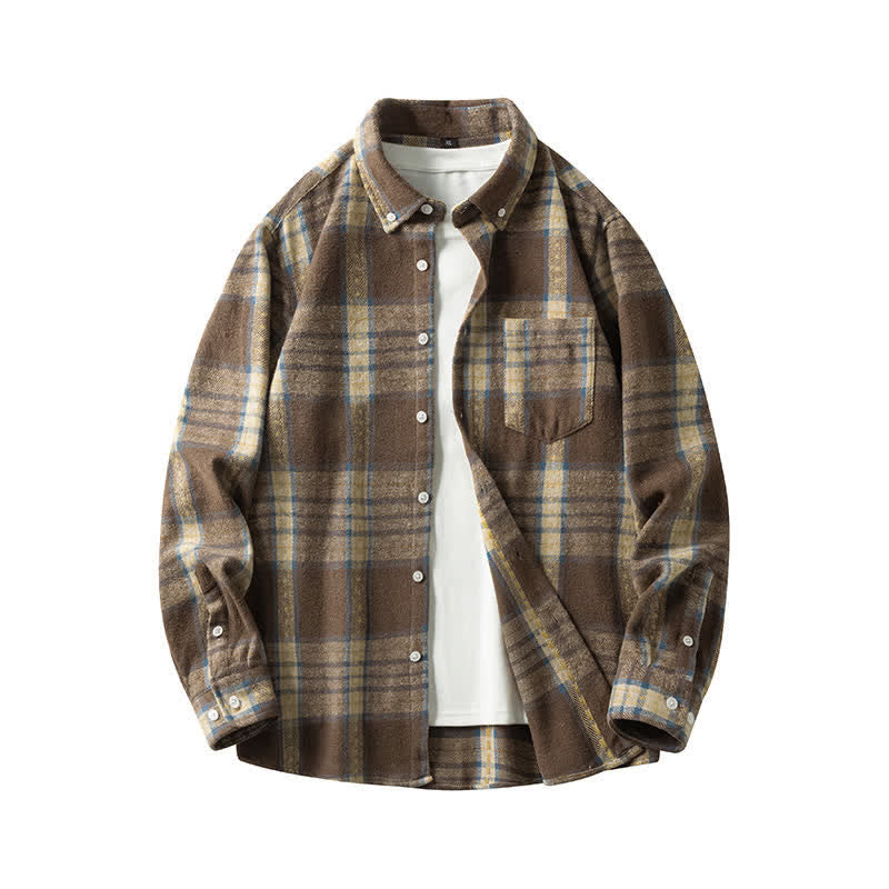 Buddha Stones Commute Multicolor Plaid Button Men's Cotton Long Sleeve Shirts With Pocket - Sienna LightYellow Plaid - US/UK/AU48，EU58 (7XL) - image 11