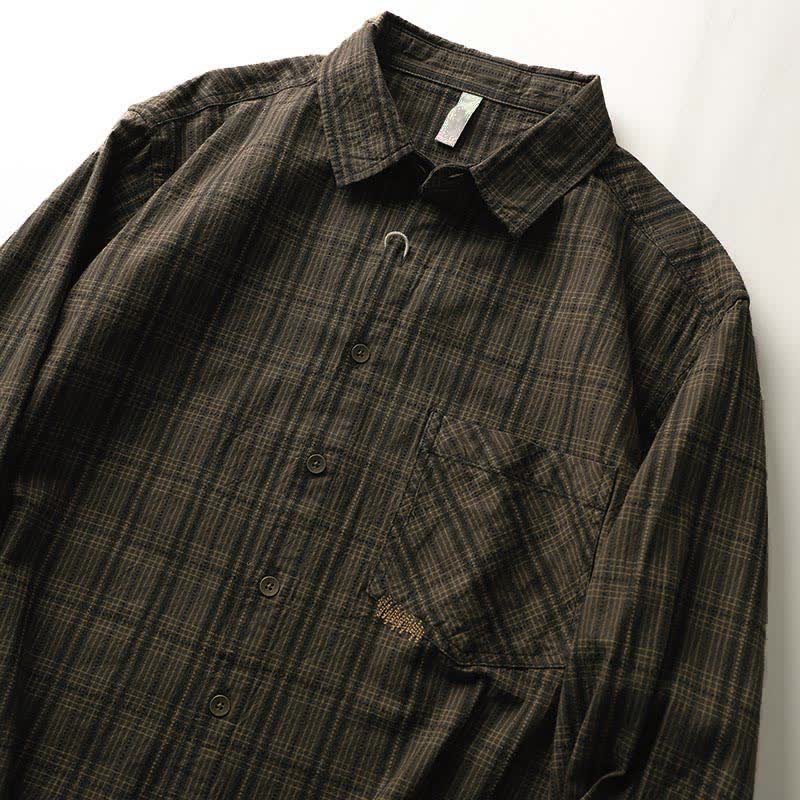 Buddha Stones Fall Commute Embroidery Plaid Pattern Men's Cotton Long Sleeve Shirts With Pocket - image 5