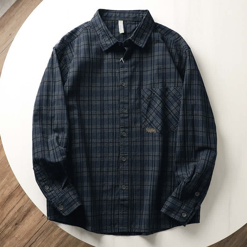 Buddha Stones Fall Commute Embroidery Plaid Pattern Men's Cotton Long Sleeve Shirts With Pocket - DarkBlue - US/UK/AU42，EU52 (3XL) - image 1