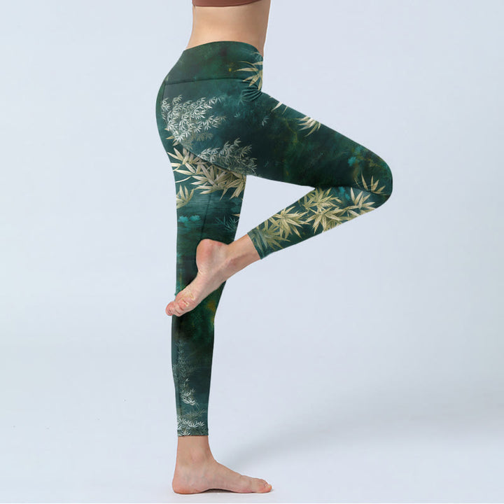 Buddha Stones Elegant Bamboo Leaf Pattern Print Gym Leggings Women's Yoga Pants - image 3