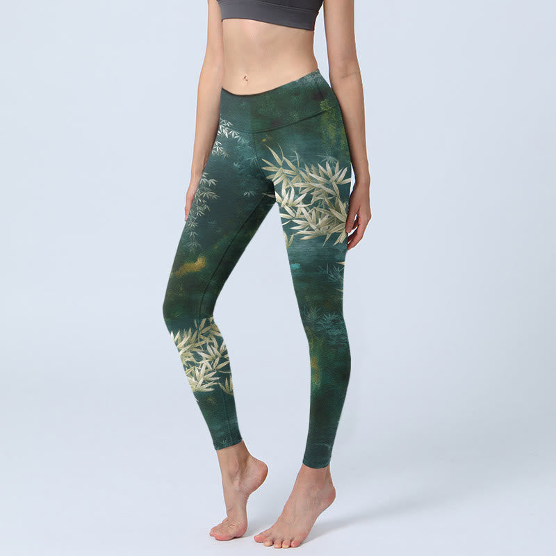 Buddha Stones Elegant Bamboo Leaf Pattern Print Gym Leggings Women's Yoga Pants - DarkGreen - US18，UK/AU22，EU50 (4XL) - image 0