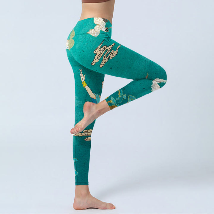 Buddha Stones Elegant Fairy Crane Cloud Pine Tree Pattern Print Gym Leggings Women's Yoga Pants - image 3