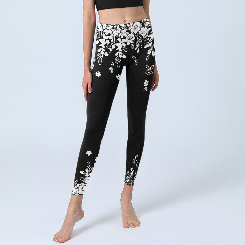 Buddha Stones Black White Contrast Flower Pattern Print Gym Leggings Women's Yoga Pants - image 5