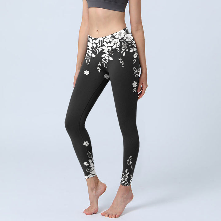 Buddha Stones Black White Contrast Flower Pattern Print Gym Leggings Women's Yoga Pants - Black - US18，UK/AU22，EU50 (4XL) - image 0