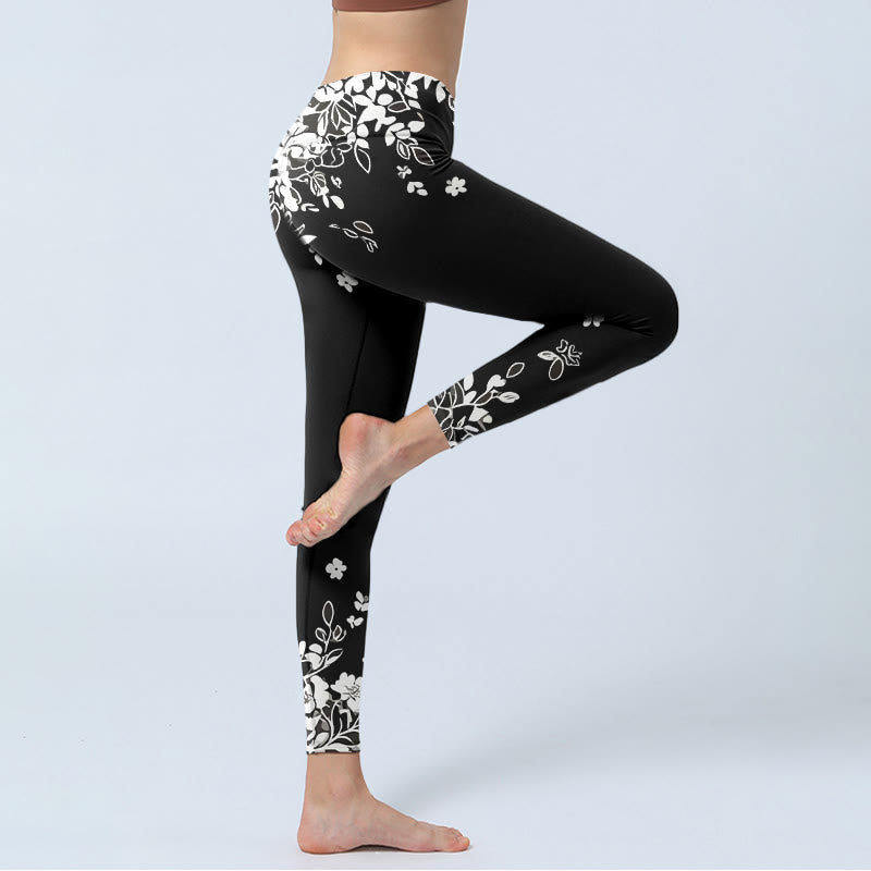 Buddha Stones Black White Contrast Flower Pattern Print Gym Leggings Women's Yoga Pants - image 3