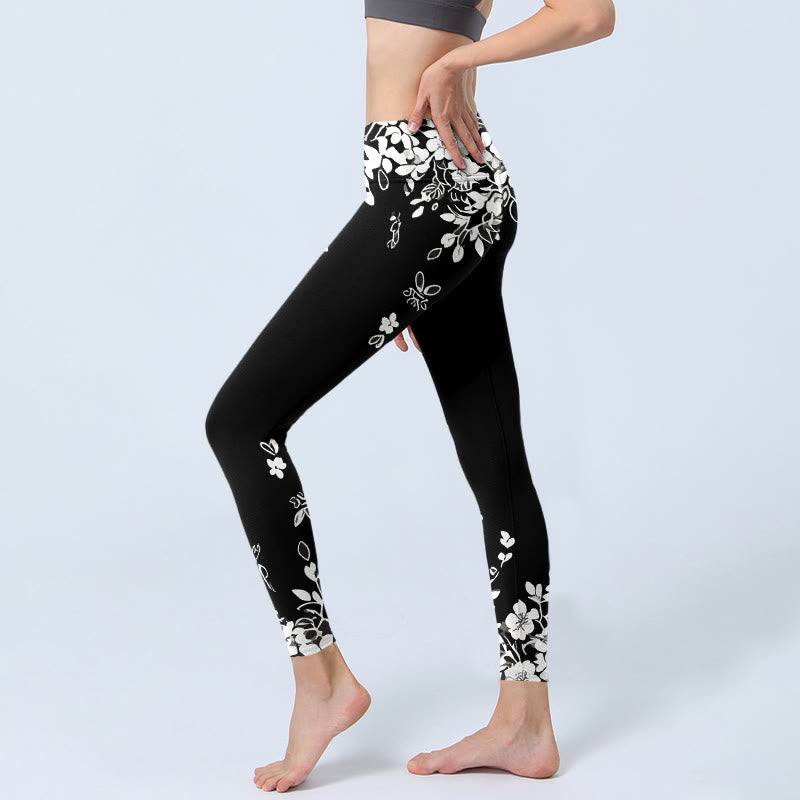 Buddha Stones Black White Contrast Flower Pattern Print Gym Leggings Women's Yoga Pants - image 2