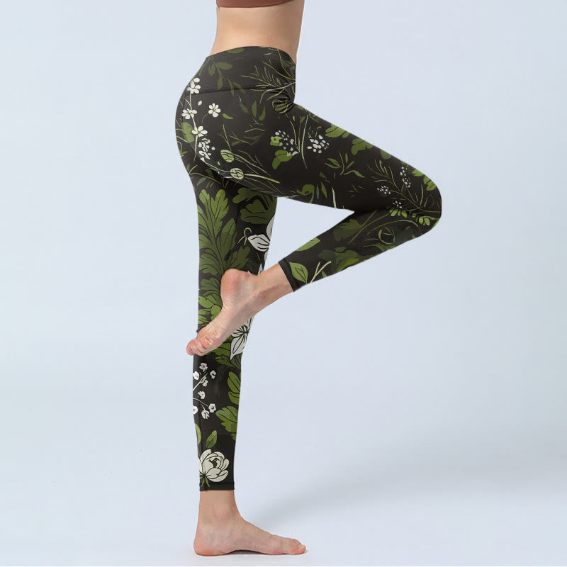 Buddha Stones Retro Flower Leaf Pattern Print Gym Leggings Women's Yoga Pants - image 3