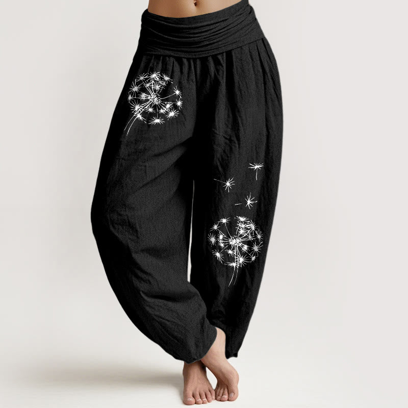 Buddha Stones Pure Cotton Concise Dandelion Pattern Women's Elastic Waist Harem Pants - Black - US16，UK/AU20，EU48 (3XL) - image 5