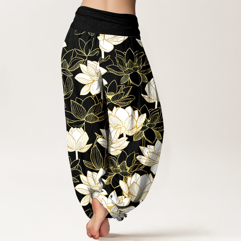 Buddha Stones Cotton Elegant Refined Lotus Flower Pattern Women's Elastic Waist Harem Pants - image 6