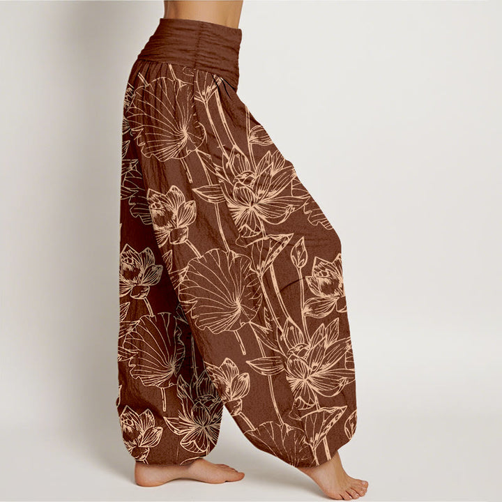 Buddha Stones Cotton Elegant Refined Lotus Flower Leaf Pattern Women's Elastic Waist Harem Pants - image 6