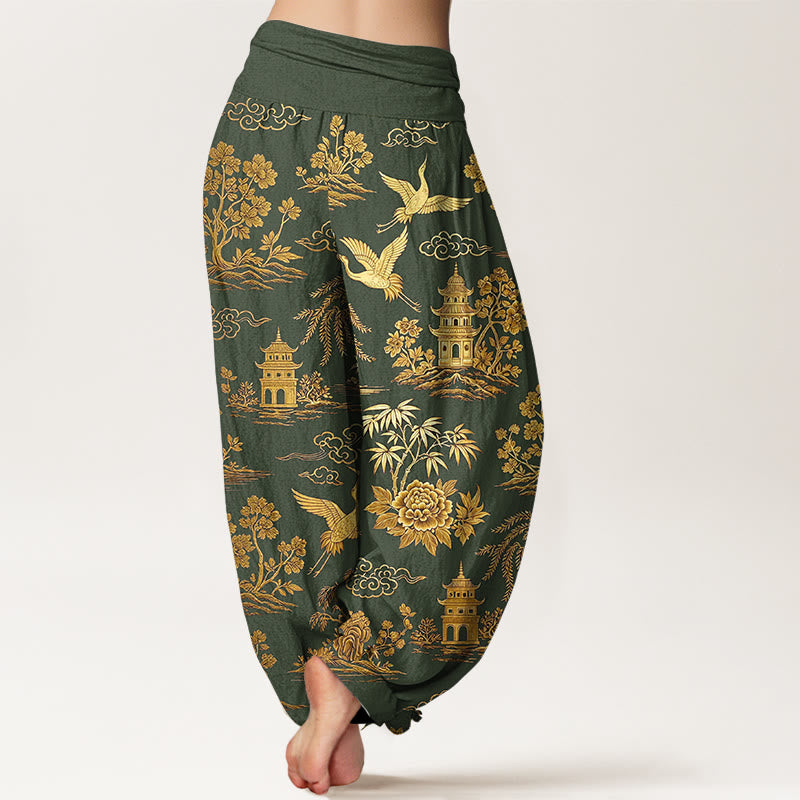 Buddha Stones Cotton Gorgeous Tree Crane Architecture Cloud Peony Pattern Women's Elastic Waist Harem Pants - image 6