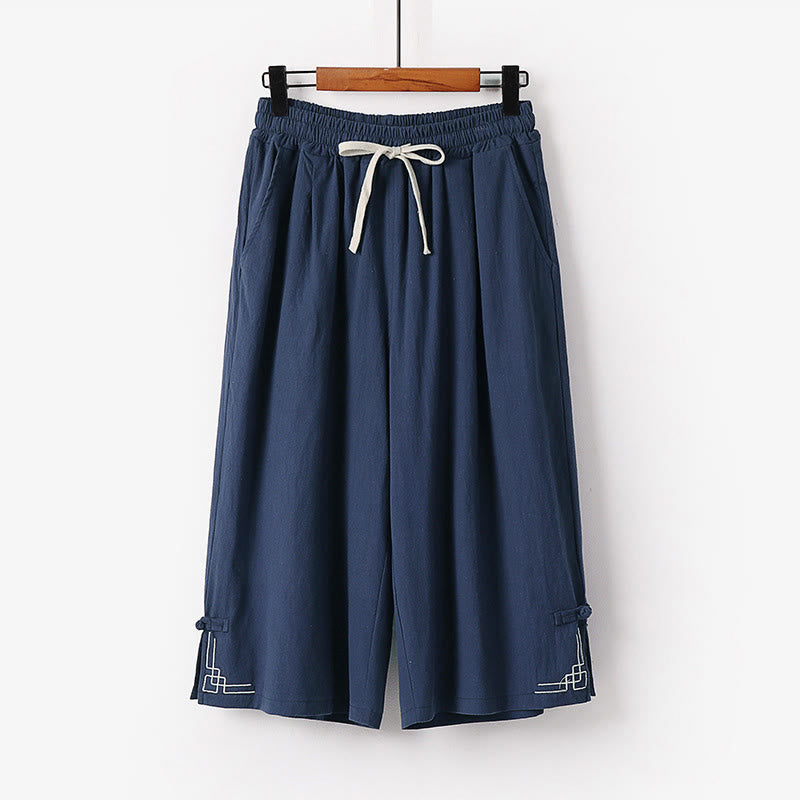 Buddha Stones Plain Drawstring Design Men's Capri Cropped Cotton Linen Wide Leg Pants With Pockets - SteelBlue - US/UK/AU54，EU64 (9XL) - image 9