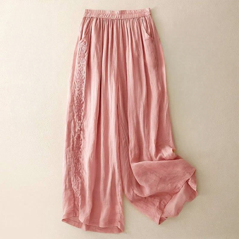 Buddha Stones Side Embroidery Design Women's 7-8 Length Wide Leg Pants With Pockets - Pink - US12，UK/AU16，EU44 (3XL) - image 15