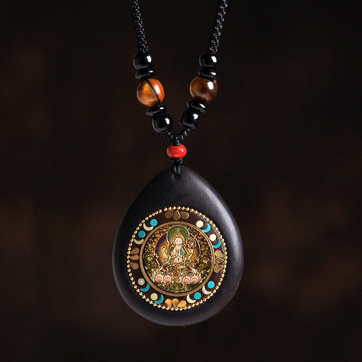 Buddha Stones Chinese Zodiac Natal Buddha Ebony Wood Tiger Eye Black Onyx Calm Necklace Pendants - Horse-Mahasattva Bodhisattva - image 0