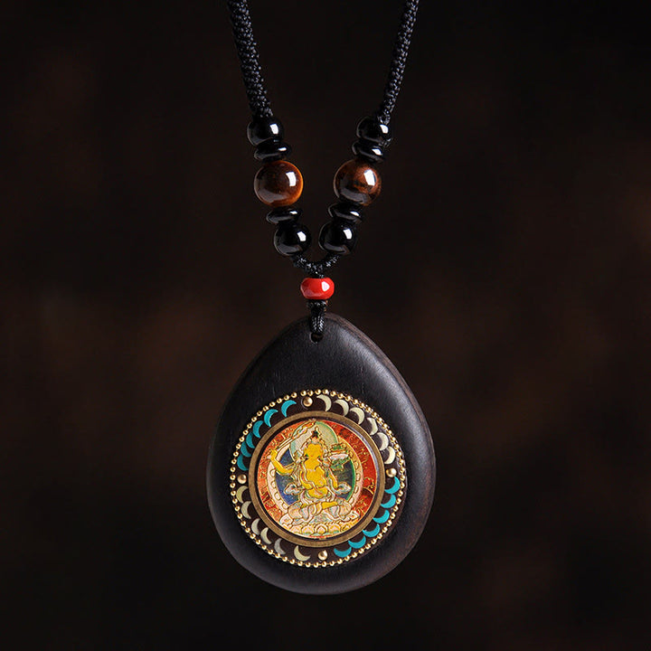 Buddha Stones Chinese Zodiac Natal Buddha Ebony Wood Tiger Eye Black Onyx Calm Necklace Pendants - Rabbit-Manjushri Bodhisattva - image 3