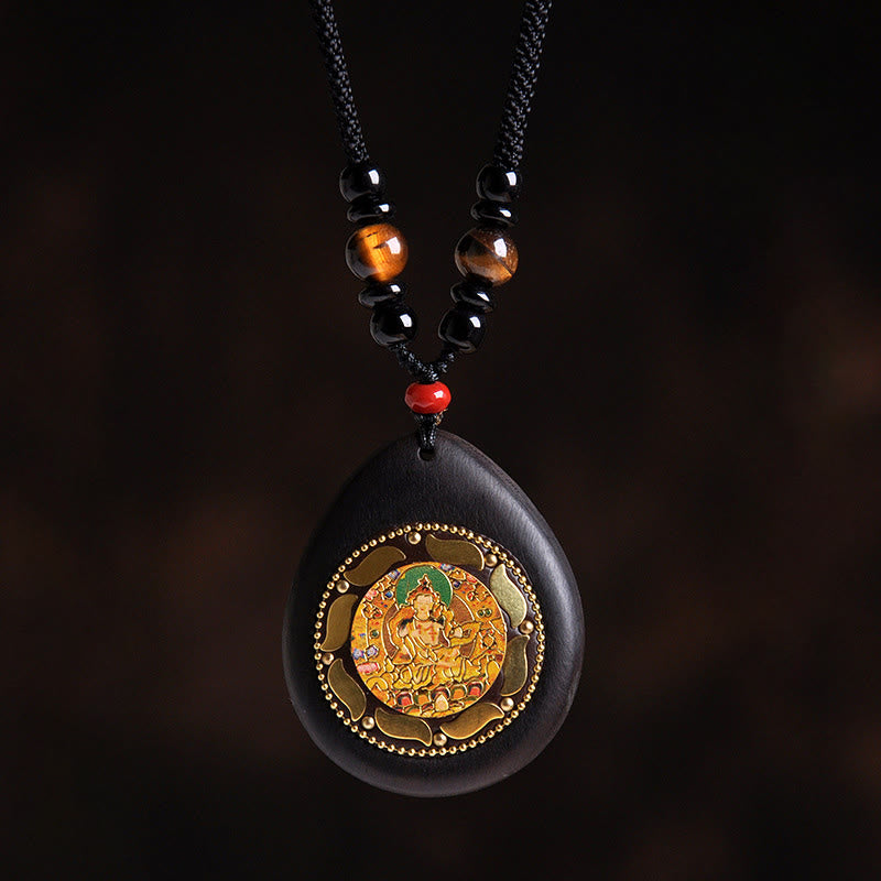 Buddha Stones Chinese Zodiac Natal Buddha Ebony Wood Tiger Eye Black Onyx Calm Necklace Pendants - Dragon/Snake-Samantabhadra Bodhisattva - image 4