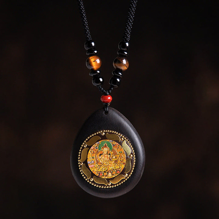 Buddha Stones Chinese Zodiac Natal Buddha Ebony Wood Tiger Eye Black Onyx Calm Necklace Pendants - Dragon/Snake-Samantabhadra Bodhisattva - image 4