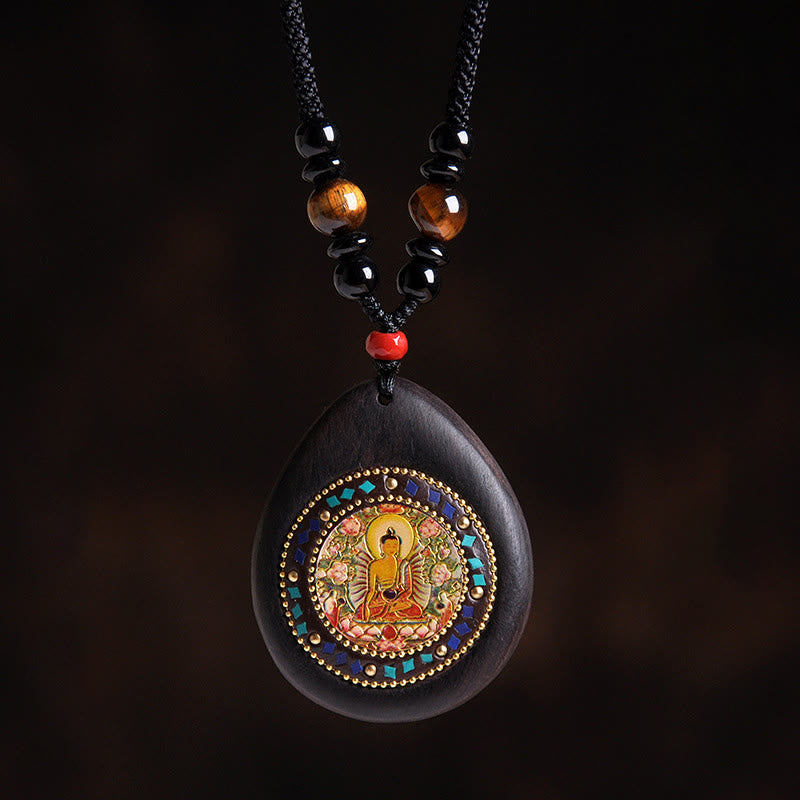 Buddha Stones Chinese Zodiac Natal Buddha Ebony Wood Tiger Eye Black Onyx Calm Necklace Pendants - Goat/Monkey-Tathagata - image 12