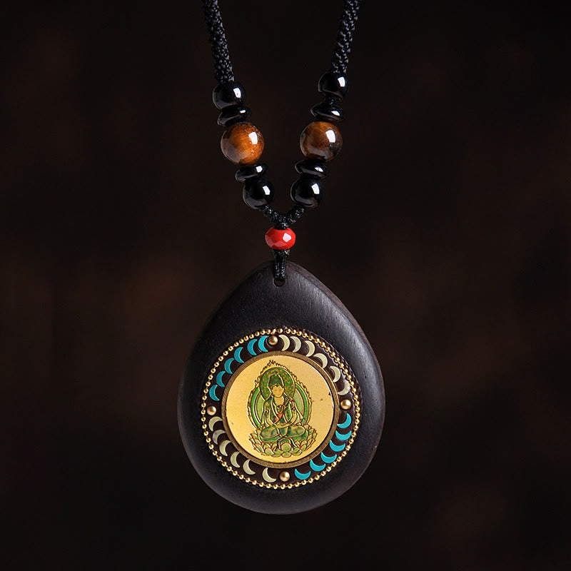 Buddha Stones Chinese Zodiac Natal Buddha Ebony Wood Tiger Eye Black Onyx Calm Necklace Pendants - Rooster-Acalanatha - image 15