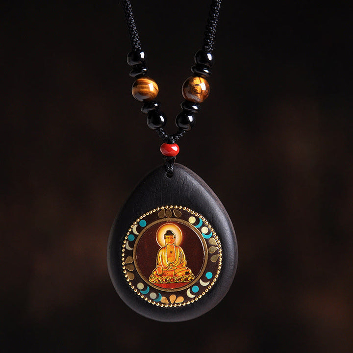 Buddha Stones Chinese Zodiac Natal Buddha Ebony Wood Tiger Eye Black Onyx Calm Necklace Pendants - Dog/Pig-Amitabha Buddha - image 16