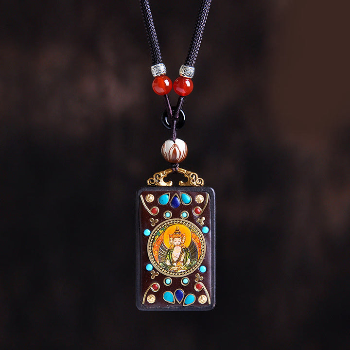 Buddha Stones Thangka Yin Yang Copper Coins Ebony Wood Zakiram Balance Pendant Necklace - Ebony Wood Tathagata - image 11