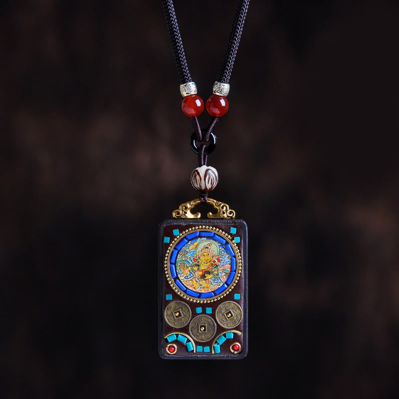 Buddha Stones Thangka Yin Yang Copper Coins Ebony Wood Zakiram Balance Pendant Necklace - Ebony Wood God of Wealth - image 15