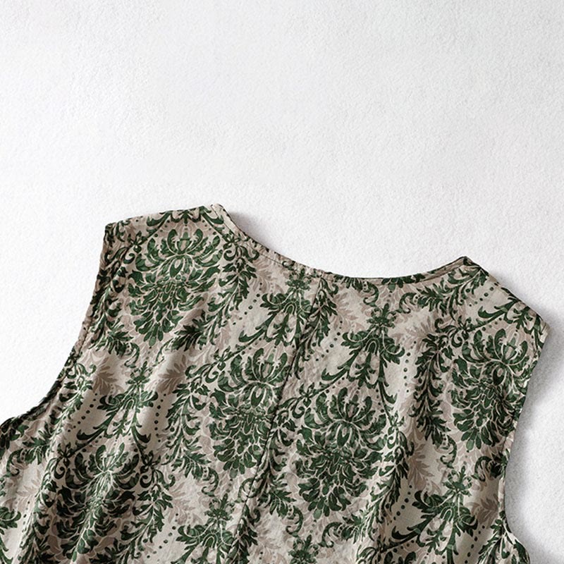 Buddha Stones Commute Summer Printing Simple Design Crew Neck Sleeveless Midi Dress With Pockets - image 5