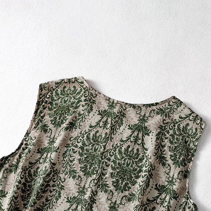 Buddha Stones Commute Summer Printing Simple Design Crew Neck Sleeveless Midi Dress With Pockets - image 5