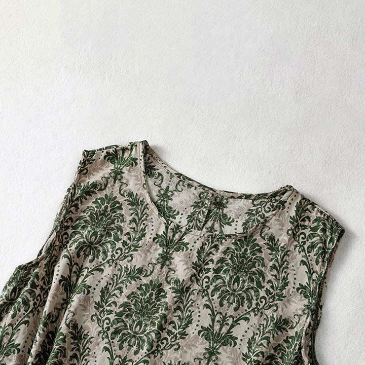 Buddha Stones Commute Summer Printing Simple Design Crew Neck Sleeveless Maxi Dress - image 4